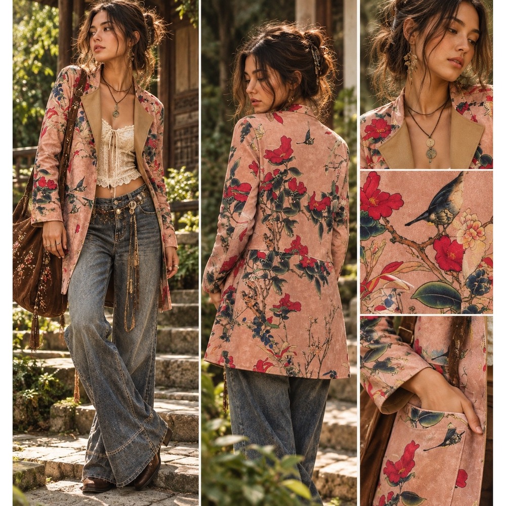 Azara Paris Floral Bird Jacket M Faux Suede Y2K Boho Forest Fairy Duster
Fall